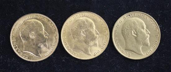 Three Edward VII gold half sovereigns,